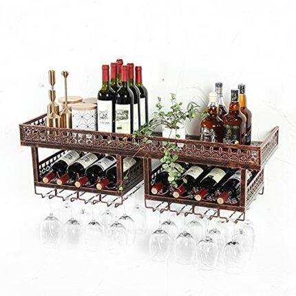 KEppd Wine Rack Wall Mounted - Wall-Mounted Wrought Iron Wine Rack | Wine Bottle Wine Glass Holder | Rustic Modern Minimalist Style | Living Room