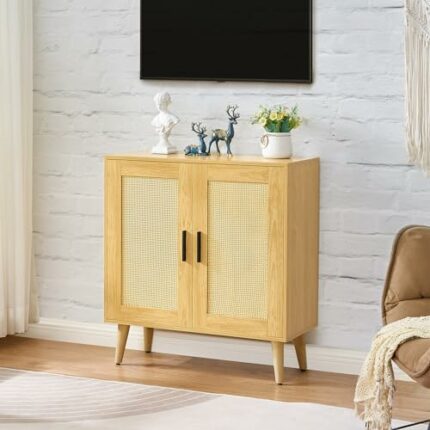 HOMSHO Rattan Floor Storage Cabinet with Double Doors and Adjustable Shelves, Boho Sideboard Buffet Cabinet, Accent Cabinet for Dining Room, Livi