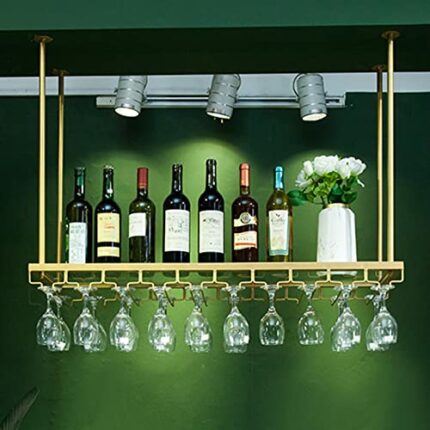 Wine Racks Ceiling-Type Wine Holder, Wall Mounted Wine Bottle Holder Hanging Wine Glass Racks, Goblet Stemware Racks Vintage Home Decor - Gold