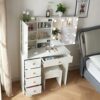 Buildonely Dressing Desk Set with Mirror and Lights, Vanity Set with 6 Storage Drawers and Cushion Stool, Hollywood Makeup Table for Bedroom, Gir