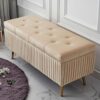 Velvet Storage Bench Rectangular Sofa Stool, Modern Tufted Button Storage Ottoman Benches, Upholstered Bench Seat with Gold Metal Legs, for Bedro
