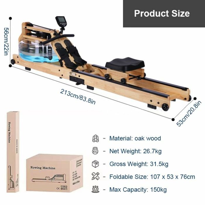 HAWEWE Folding Rowing Machine For Home Gym Water Resistance Rower Machine With LCD Monitor Oak Wood Cardio Training 330lbs Max Capacity Indoor Fi