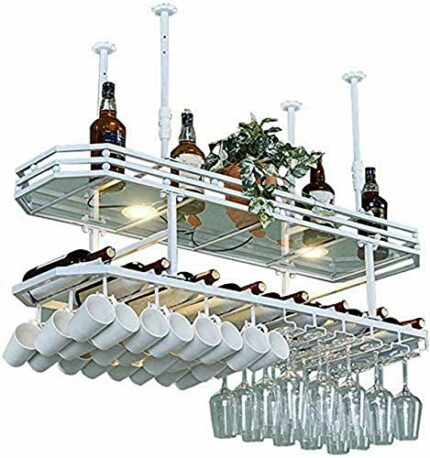 OUSIKA Wine Racks,Household Wine Shelf Cup Holder- Adjustable Height Ceiling Mounted Hanging Wine Bottle Holder Metal Wine Glass Rack Goblet Stem
