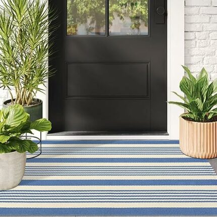 Blue Striped Outdoor Rug, 3'x5' Cotton Hand-Woven Reversible Area Rug Fall Front Porch Rug Washable Front Door Mat Welcome Layered Halloween Door
