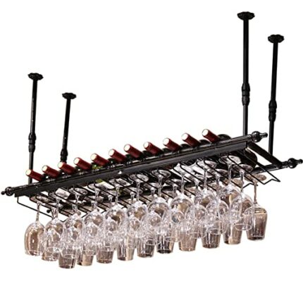 Hanging Wine Rack - Height Adjustable Hanging Wine Glass Rack, Ceiling Wine Bottle Holder with Glass Holder, Industrial Ceiling Shelf for Bar, Ca