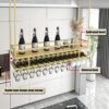 EYLINK Hanging Wine Rack with Glass Holder and Shelf, Adjustable Height Metal and Solid Wood Ceiling Bar Wine Glass Rack, 2 Layer Industrial Wall