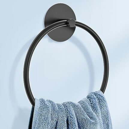 Matte Black Bathroom Towel Ring - SUS304 Stainless Steel Bathroom Towel Rack, Susswiff Adhesive Wall Mounted Hand Towels Holder, Towel Hanger for