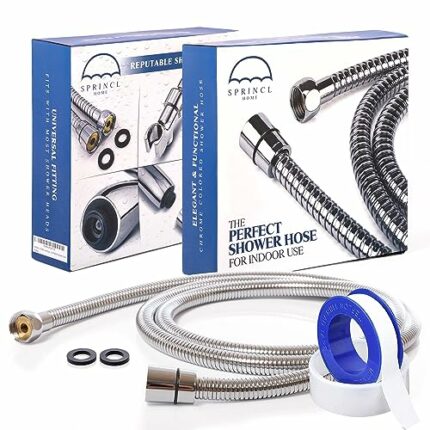 Sprincl Home 1.75m Shower Hose Pipe (69") - High-Performance Stainless Steel Anti-Kink with 2 Washers & Teflon Tape, Universal Fit - Chrome