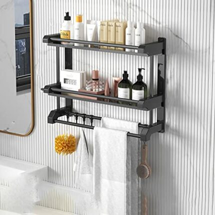 2 Tier Bathroom Shelves with Towel Bar, Wall Mount Towel Shelf with Movable Hooks, Rustproof Towel Storage for Bathroom
