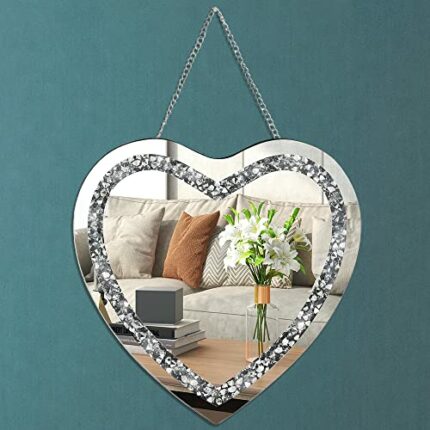 Aeveco Heart Shaped Silver Mirror for Wall Decoration with Crystal Crush Diamond, Dimention12x12x0.5 inch, Wall Hang Frameless Wall Mirror, Spark