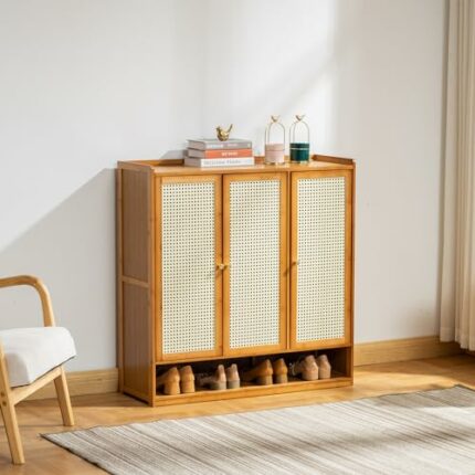 SOBIBO Bamboo Rattan Shoe Cabinet, Shoe Storage Cabinet with 3 Door and 6 Tier Shoe Rack Storage Cabinet for Home and Apartment.