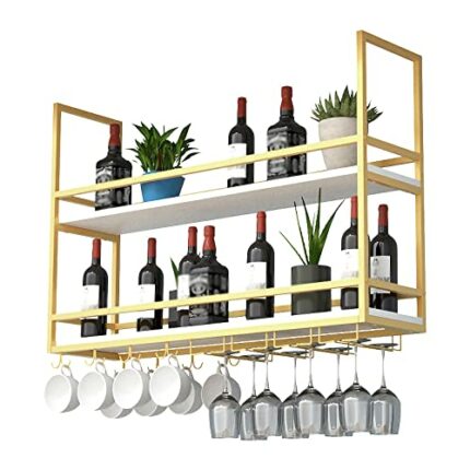 EYLINK Wine Storage Racks, Industrial Hanging Wine Rack with Stemware Glass Holder and Guard Rail, 2 Tier Ceiling Mount Floating Shelf for Kitche