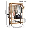 Clothes rack bamboo coat rack with wheels, 2 shelves and 2 hooks, coat rack, for bedroom office hallway