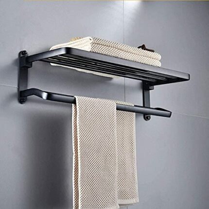 Towel Rack Bathroom Black Double-Layer Double Rod Folding,Movable Towel Rack,Towel Rail With Dual Row Towel Shelf For Bathroom,Wall-Mounted