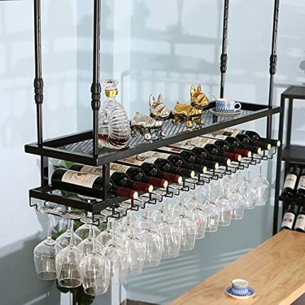 Qunine Wine Rack Wall Mounted - 120 x 30CM Wine Glass Holder Ceiling Decoration Shelf Upside Down Wine Rack Hold Up 12 Bottles Wine and 36 Cups f