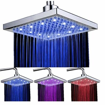 DAXGD LED Square Shower Head,Temperature Control Shower 3 Colour Changing Water Flow Powered, 8 inch Shower with 12Pcs Led for Bathroom