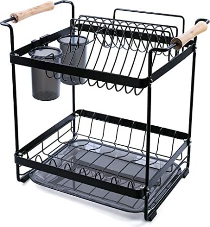 Uten Stainless Steel Draining Rack for Dishes, Dish Drainer with 2 Levels, with Cutlery Holder, Cutting Board Holder, Drip Tray,Non-Slip feet, Ea