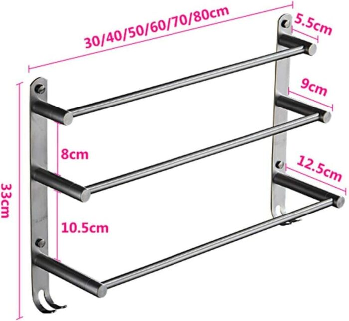 Towel Rack Towel Rail Bathroom Shelf Three-Layer, Wall Hanging Towel Holder with Hook 30Cm/60Cm
