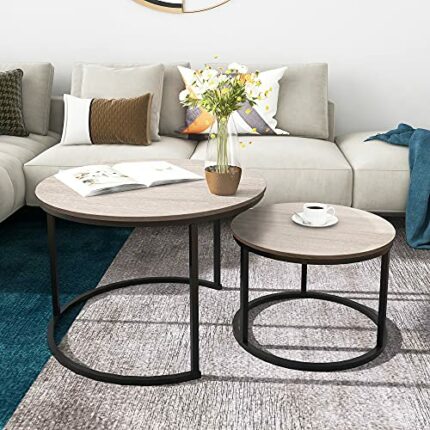 Round Nesting Coffee Table Modern Nesting Side Set of 2 End Table for Living Room Balcony Garden, etc,Round Wooden Accent Coffee Table with Solid