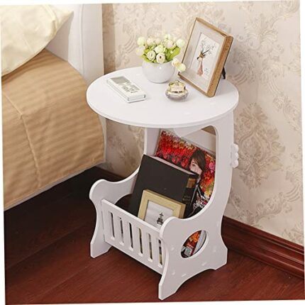 Hemore Small Side Table, 18inch PVC Wood Round 2 Tier Nightstand with Storage Shelf, Small Bedside Table, Sofa End Table for Bedroom Living Room
