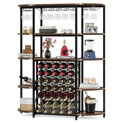 LITTLE TREE Wine Rack freestanding Floor, Engineered Wood Metal, Rustic Brown & Black