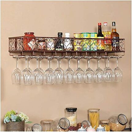 SUCHETA Hanging Wine Rack with Glass Holder and Shelf, Wrought Iron On-Wall Wine Glass Rack, Wall-Mounted Wine Rack, Bar Restaurant Wine Glass Ra