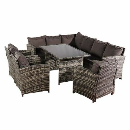 YFYTYG-PX 9 Seat Rattan Furniture Outdoor Sofa Dining Table with Free Rain Cover 3 Single Chair Sofa Dark Gray Sofa Cover (UK Flame Retardant Mat