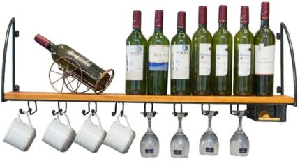 EMISOO Wall Storage Organizer Shelf Wine Rack, Wine Bottle Wall Hanging Wine Bottle Holder Metal and Wood Wine Glass Goblet Rack Cup Holder for B