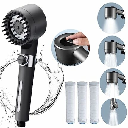 Shower Head High Pressure, 3 Spray Modes Shower Head with Switch, Hand Shower with Cotton Filters, High Pressure Shower Head with Brush for Massa