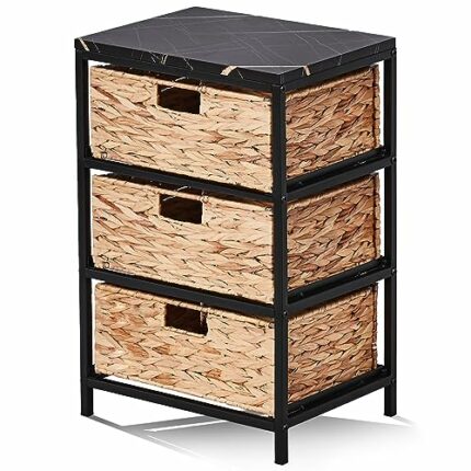 Wimarsbon Nightstand, Water Hyacinth Woven End Table, Side Table, Bedside Table with Bin Drawer, Drawer Dresser for Bedroom, for Living Room (Bla