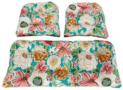 RULU Set of 3 1 Settee (44"x19"x5") & 2 Pieces of Wicker Seats (19"x19"x4") Tamani Julep Outdoor/Indoor Cushions Set, Multi