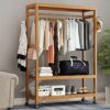 Clothes rack bamboo coat rack with wheels, 2 shelves and 2 hooks, coat rack, for bedroom office hallway