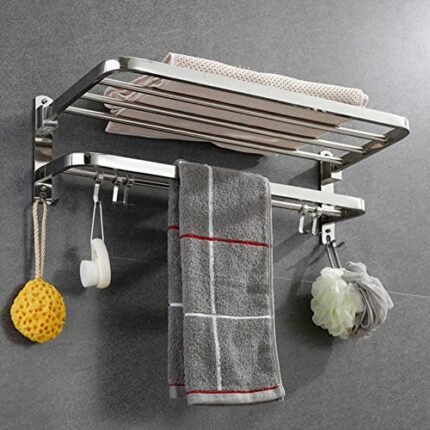 yozhch Wall Mounted Towel Rack with Double Bars Stainless Steel Bathroom Towel Rail with Shelf 90° Foldable Towel Holder with Hooks (58cm)