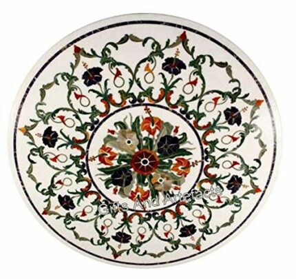 36 x 36 Inches Royal Look Sofa Center Table Top for Home Furniture Decor Round Shape White Marble Dining Table from Indian Vintage Art and Crafts