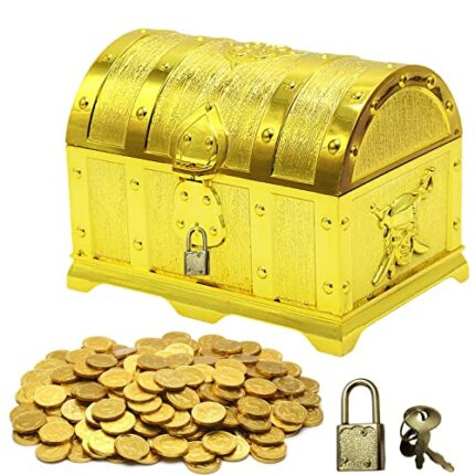 YOYIAG Pirate Treasure Chest Gold Treasure Chest Children's Birthday Plastic Pirate Retro Treasure Chest with Lock and Key Jewellery Storage Trea