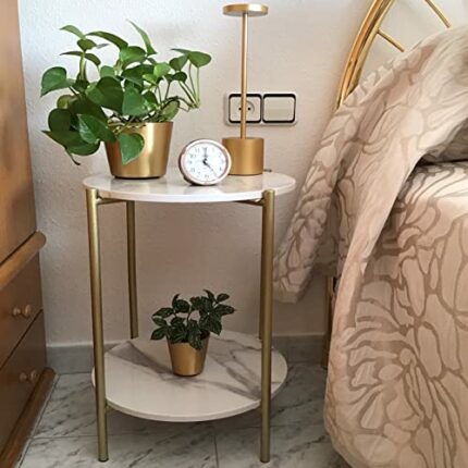 Marble Top Side Table Gold: 2 Tier Round Shape End Tables 40.5 x 55cm Sintered Stone Bedsides with Metal Golden Legs Modern White Nightstand Circ