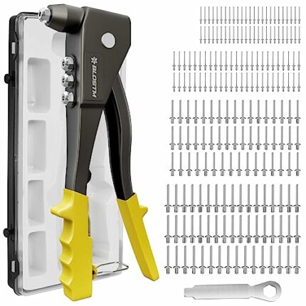 BLOSTM Pop Rivet Gun Kit - Full 200 Rivet Set with Pop Riveter & Carrying Case Containing 200 Rivets in 4 Sizes 2.4mm 3.2mm 4mm 4.8mm for Metal,