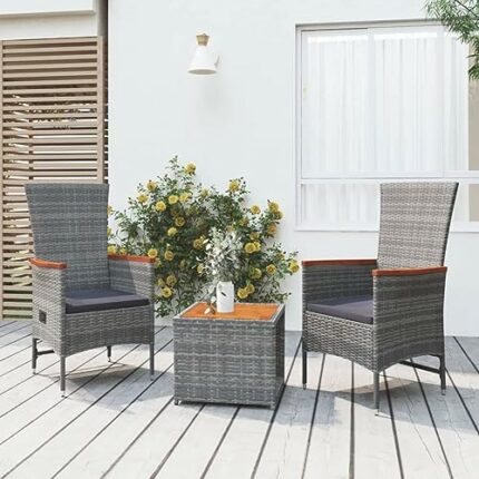 vidaXL Garden Lounge Set 3 Piece Outdoor Wooden Sofa Armchair Patio Sofa Set with Coffee Table Foot Stool Grey Poly Rattan and Solid Wood Acacia