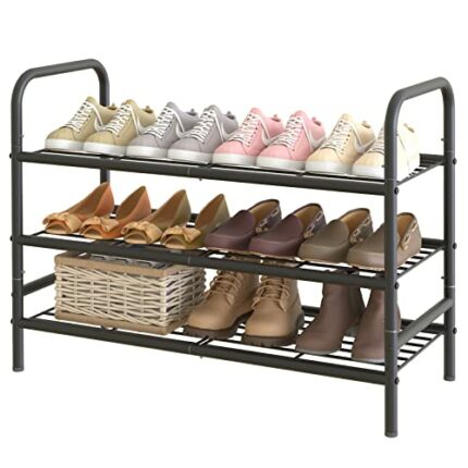 Huhote Shoe Rack 3 Tiers Iron Mesh Freestanding Shoe Organizer Storage Shelf, Storage Rack Space Saving Shoe Stand Black Metal Shoe Shelf Garage
