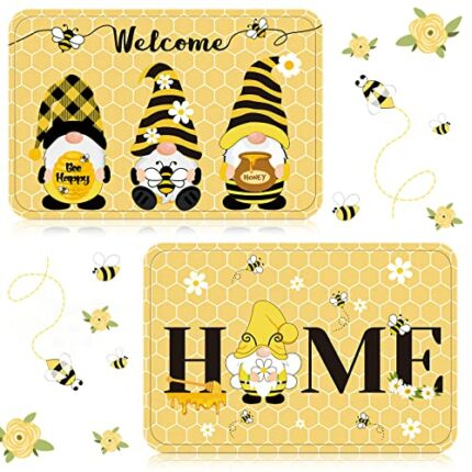 2 Pieces Bee Gnomes Welcome Door Mats Gnome Honey Bee Kind Summer Doormat Summer Kitchen Mat Bath Rug Floor Door Mats Non Slip Doormat Soft Runne