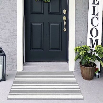 KIMODE Striped Outdoor Doormat 24"x35",Machine Washable Front Porch Rug,Farmhouse Cotton Hand-Woven Layered Doormats Front Door Mat for Porch,Ind