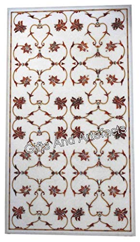 Gifts And Artefacts 24 x 48 Inches Rectangle Shape White Marble Dining Table Top Carnelian Stone Inlay Work Kitchen Table for Home Furniture Deco