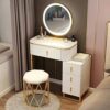 Dressing Table Set with LED Lights Mirror and 4 Drawers, Wooden Makeup Vanity Desk Stool, Modern Makeup Vanity Dressing Table with Cushioned Stoo
