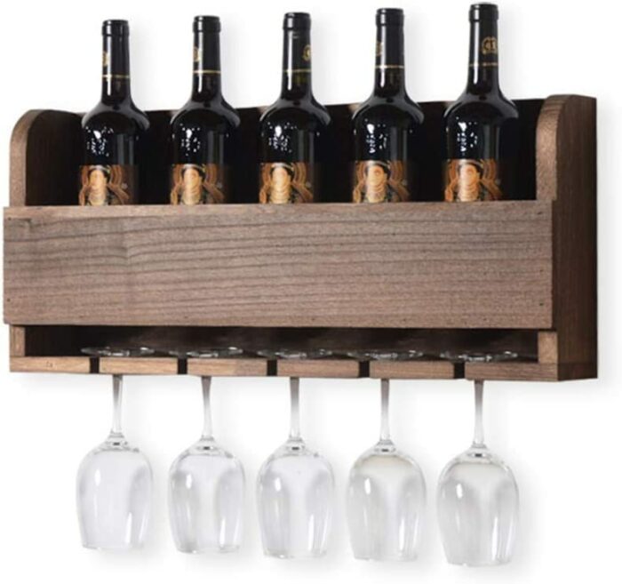 Wine racks Home/Bar Retro Wall Mounted Wood Vintage Rustic Bottle & Glass Storage Holder 5 Bottles and 5 Glasses Organizers for Bar Kitchen Cabin