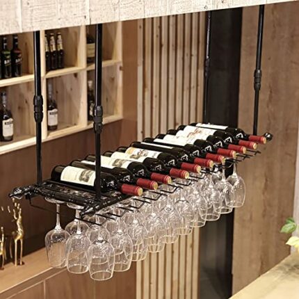 EYLINK Ceiling Hanging Bar Unit Metal Hanging Wine Rack, Iron Art Ceiling Adjustable Height Wine Glass Stemware Holder, Bar Unit Floating Shelves