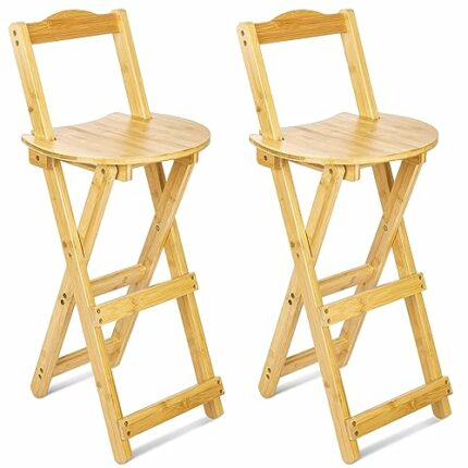 Leinuosen 2 Pieces Folding Bamboo Bar Stools with Backrest and Footrest 33 Inches Foldable Barstool Collapsible Portable Counter Height Folding C