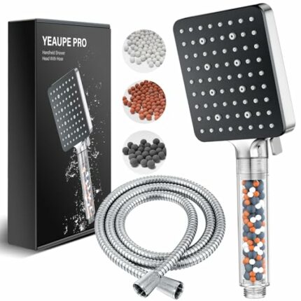 Shower Head and Hose 1.6M with Filter - YEAUPE PRO Square High Pressure Shower Heads and Hose with 6 Jet Modes,Large Powerful Flow Rainfall Showe