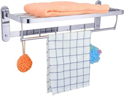2-Tier Towel Rail Bath Towel Rack with Hooks 304 Stainless Steel Wall Mounted Towel Holder Towel Bar Rail, for Kitchen Bathroom Toilet Hotel Offi
