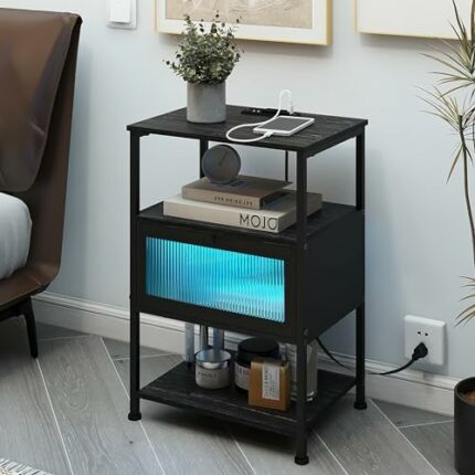 EXOTICA Black Nightstand with Charging Station and LED Lights 3 Tier End Table with USB Ports and Outlets Bedside Table with Acrylic Door and Sto