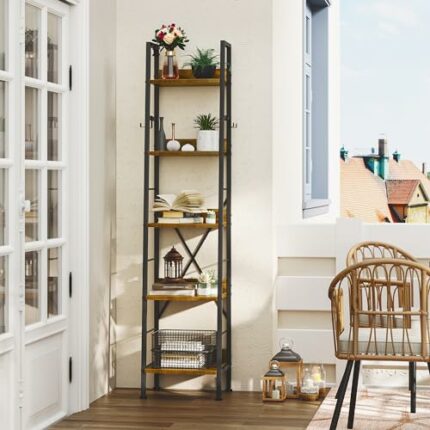 YITAHOME Bookcase 5 Tiers, Industrial Ladder Shelf Freestanding Book Shelf Wooden Shelves and Metal Frame Book Rack Modern Shelving Unit for Livi